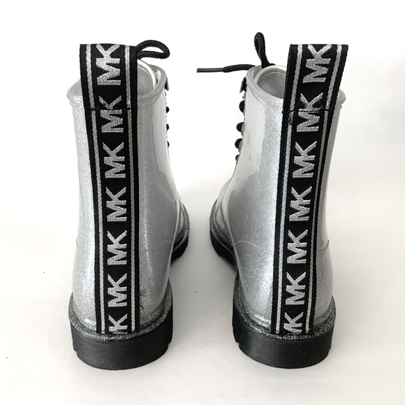 MICHAEL KORS Tavie Silver Logo Tape Lug Sole Lace-Up Rain Bootie Fashion Boots 8 - Picture 11 of 16